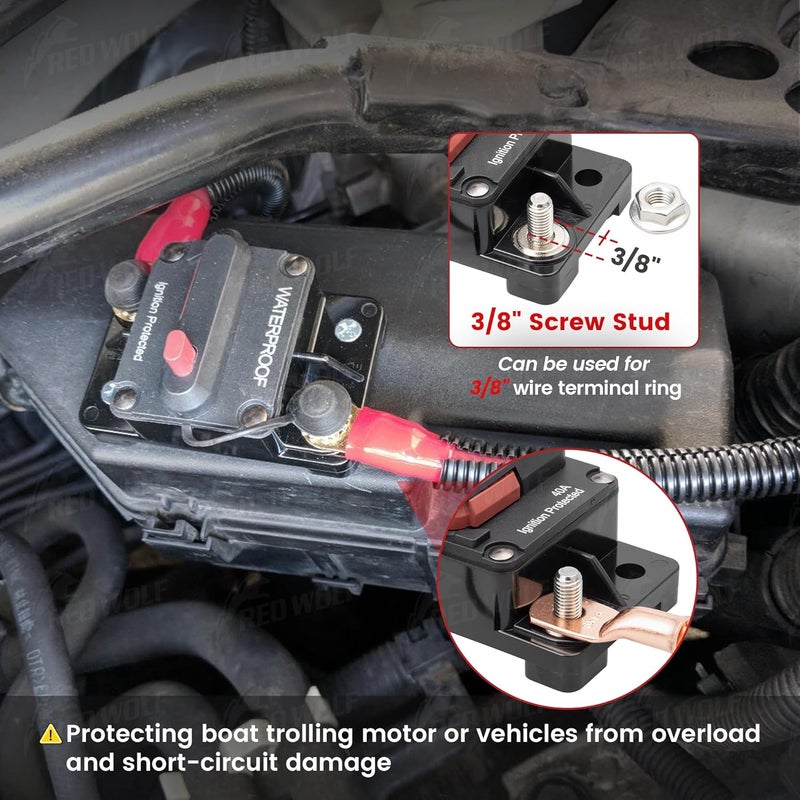 RED WOLF Circuit Breaker 200 Amp for Trolling Motor Boat Marine ATV Vehicles Stereo Audio Electronic Battery System Inline Fuse with Manual Reset Switch 12V-24V - Image 2